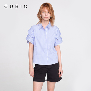 CUBIC夏季韩版袖子交叉镂空设计感百搭通勤竖条纹短袖衬衫女