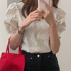 韩国chic夏季小众，简约圆领单排扣正反两穿设计短袖，波点衬衫上衣女