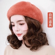 假发带帽子一体女短卷发，秋冬天网红时尚，连帽真发丝带假发的贝雷帽