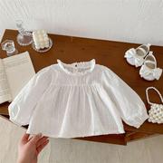女童春装纯棉长袖提花，娃娃衫0-5岁宝宝韩国白色，镂空衬衣薄款裙衫