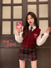韩系学院风套装红色针织开衫背心长袖衬衫女秋季格子半身裙三件套