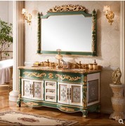 欧式浴室柜组合仿古橡木实木卫浴柜彩绘双盆落地洗脸盆柜高级