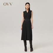 OVV Outlet日本进口三醋酸秋冬新女重工百褶小黑裙无袖连衣裙