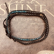 vikiko天然黑胆石缠绕三圈多层手链手工编织黑色，牛皮绳蓝色水晶