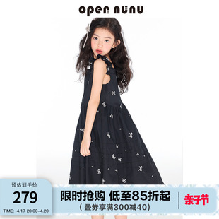 opennunu女童法式方领小飞袖连衣裙夏季赫本风无袖吊带小黑裙