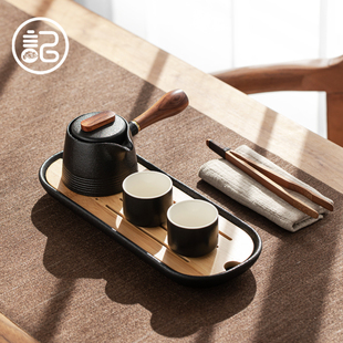 日式一壶二杯带茶盘功夫，茶具套装家用陶瓷，黑陶干泡盘酒店办公小套