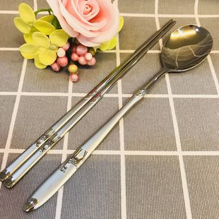 韩国进口勺筷不锈钢韩式传统实心拌饭筷子勺子套装雄雌鹿情侣餐具