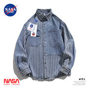 NASA联名条纹拼接牛仔衬衫男长袖春秋季设计感小众高级感衬衣外套