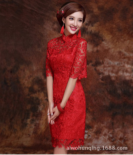 敬酒服新娘短款结婚旗袍裙，中式礼服蕾丝，修身红色晚礼服敬酒礼服