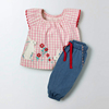 女童短袖红格子衬衫娃娃衫，牛仔裤夏季套装半袖，t恤灯笼裤2件套