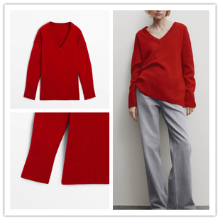 西班牙单  2024春季红色优雅气质V领修身长袖毛衣针织衫