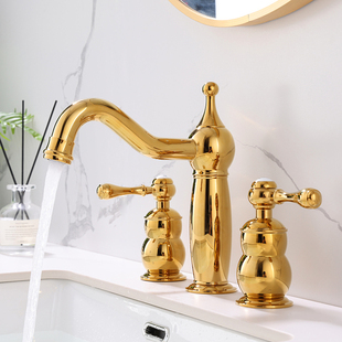 法式轻奢三孔面盆龙头冷热，浴室柜8寸分体式黄铜，金色水龙头欧式