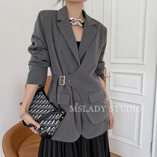 飒纳秋季个性复古设计感灰色小西装外套女韩版气质宽松上衣潮
