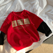 男女儿童兔年红色卡通假两件t恤新年长袖打底衫宝宝百搭纯棉上衣