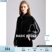 Basic House/百家好丝绒黑色短外套女2024春季高腰休闲裤套装