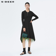 sdeer圣迪奥春装女装网纱印花吊带两件套长袖，连衣裙s221z1201