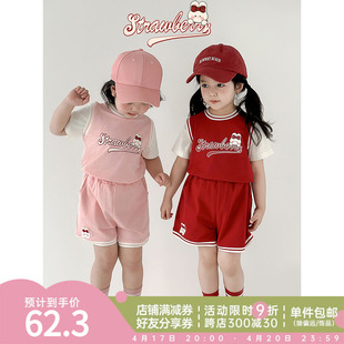 幼悠女童篮球宝贝假两件运动套装，夏季元气可爱字母，短袖宽松短裤潮