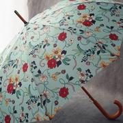 沛欣晴雨伞两用女欧式复古风绿色，弯柄木质直杆伞自动长柄伞