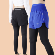五个口袋秋冬跑步短裤，女加绒健身薄款打底长裤，假两件运动裤马拉松