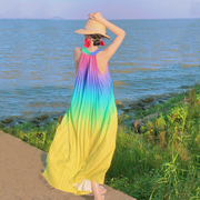 海边度假连衣裙长裙旅游黄色，大码沙滩吊带，适合海滩夏季粉色女渡假