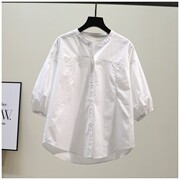 小心机设计感灯笼袖立领白色衬衫，女纯棉衬衣，韩版夏宽松文艺范上衣(范上衣)