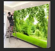 3d立体影视墙纸绿色，树林电视背景墙壁纸风景壁画，客厅卧室无缝墙布