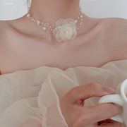法式韩风白色珍珠蕾丝网纱花朵choker锁骨链温柔巨仙气脖项圈