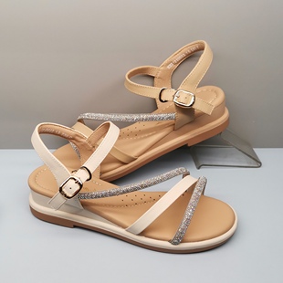 红蜻蜓罗马鞋女夏季KX51210022时尚坡跟外穿一字带水钻凉鞋女
