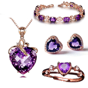 心形紫色水晶项链女吊坠欧美手链爱心彩色钻戒气质紫宝石耳钉套装