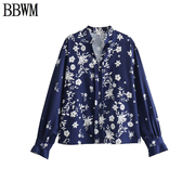 BBWM 欧美女装时尚蓝底小白花民族风宽松上衣衬衫