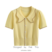 娃娃领短袖t恤女夏复古(夏复古)翻领泡泡，袖短款针织衫收腰鹅黄色上衣
