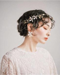韩式唯美新娘头饰，简约白色珐琅金叶发带软，复古摄影旅拍发饰