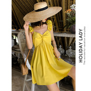 黄色小飞袖吊带女夏季小个子，法式气质雪纺连衣，短裙沙滩裙海边度假