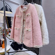 30%羊毛粉色小香风毛呢，外套女重工订珠拼蕾丝夹棉加厚呢子大衣甜