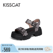 KISSCAT接吻猫2024年夏新外穿休闲凉鞋魔术贴运动厚底沙滩凉鞋女