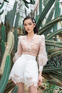 越南设计师蝴蝶镂空粉色，欧根纱长袖衬衣，花边短裤气质名媛套装