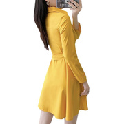 V领连衣裙春夏韩版修身中长款时尚长袖气质黄色衬衫裙子女连