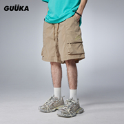 GUUKA浅卡其色廓形短裤男夏季潮 青少年大口袋休闲五分裤宽松