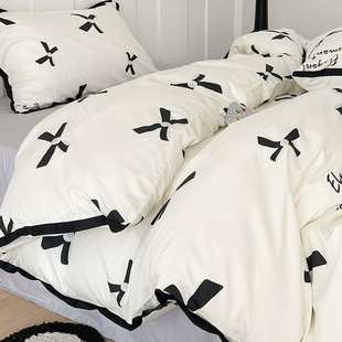 法式黑白蝴蝶结床上四件套全棉纯棉花边被套女学生宿舍床单三件套