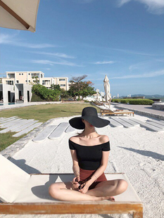 草帽女夏海边度假大檐沙滩帽子女遮阳帽大沿黑色防晒太阳帽可折叠