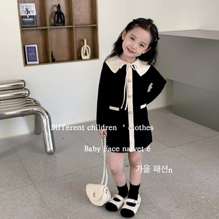 韩国版2023秋冬女童小香风，洋气翻领针织连衣裙儿童气质毛线裙