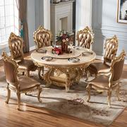 欧式大理石餐桌椅组合全实木雕花，奢华别墅圆形带转盘，吃饭桌大餐台