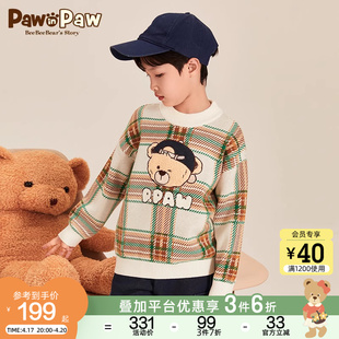 pawinpaw卡通小熊童装冬季男童，半高领格子，提花毛衣羊毛衫圆领