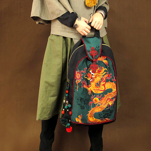 米娅原创民族风刺绣国潮国风复古大容量旅行包背包双肩，包龙纹(包龙纹)帆布