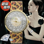大表盘豹纹女士石英，手表超薄圆形钻石，防水指针式个性网带时装表