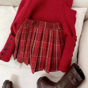 女童红色毛呢格子短裙秋冬装，韩版儿童学院风，百褶裙宝宝时尚半身裙