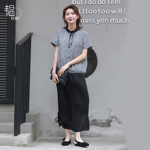 yun韫2021夏季飘带领气质，碎花小清新短袖雪纺衬衫上衣女