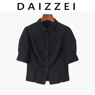 DAIZZEI~2023夏季翻领抽褶中袖高端短款衬衫短袖Tt恤女上衣潮