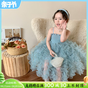 女童公主裙夏季2024洋气吊带裙小女孩高端礼服儿童蓝色连衣裙