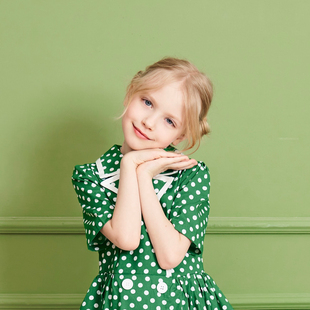童装女童夏装连衣裙短袖纯棉波点绿色，复古裙子英伦，风双排扣蓬蓬裙